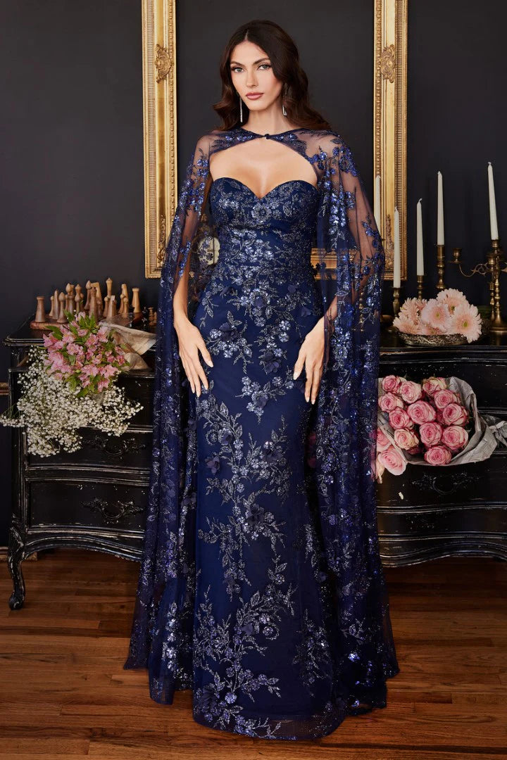 The Francesca Glitter Fitted Strapless Cape Gown
