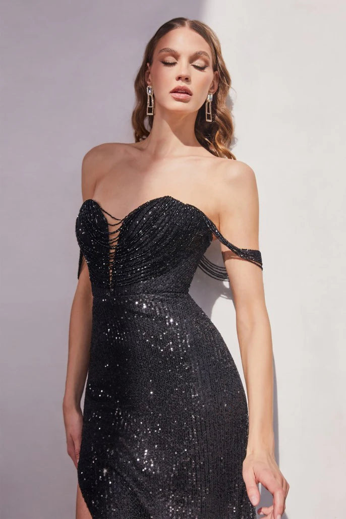 The Sadie Sequin Off Shoulder Slit Gown