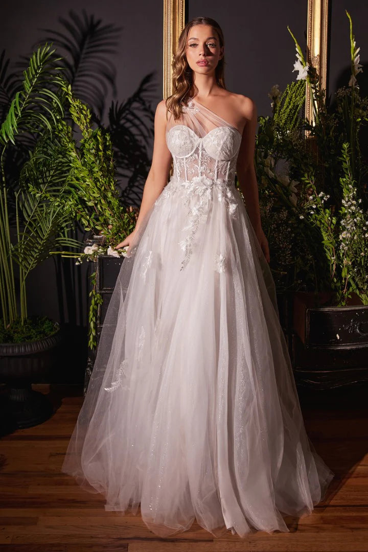 The Leah Floral Embroidered Long Off-White One Shoulder Gown with A-line slit skirt