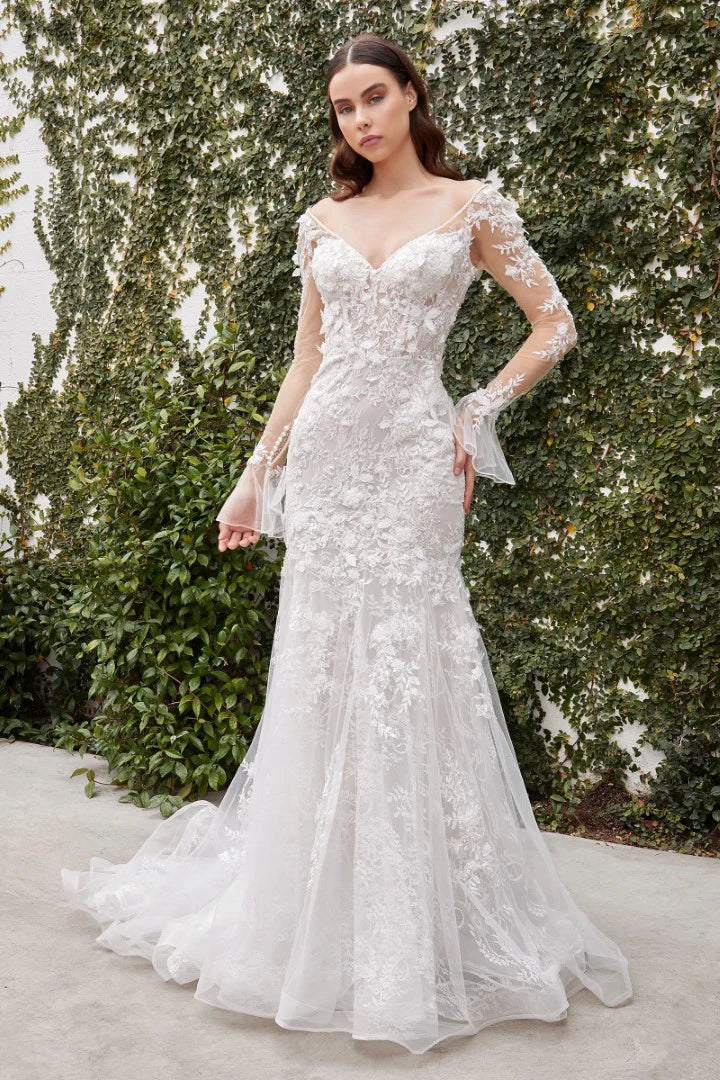 The Delilah floral embroidered white long sleeve lace gown with fitted skirt