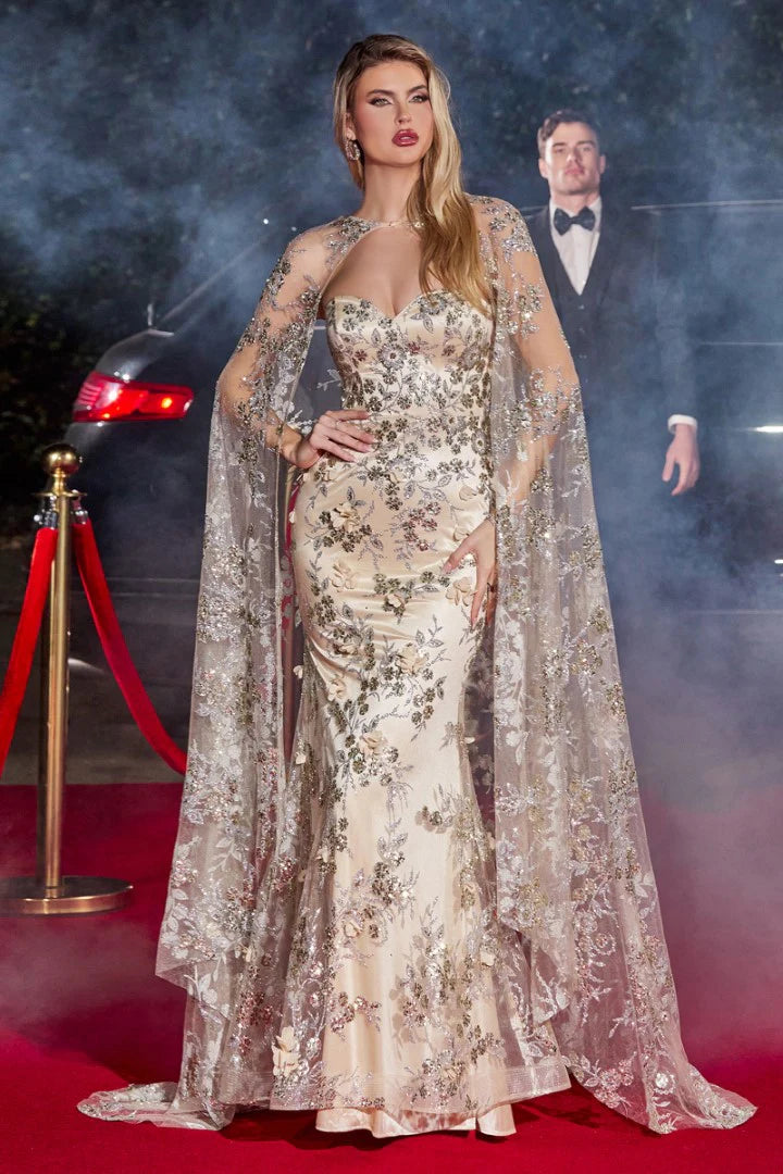 The Francesca Glitter Fitted Strapless Cape Gown
