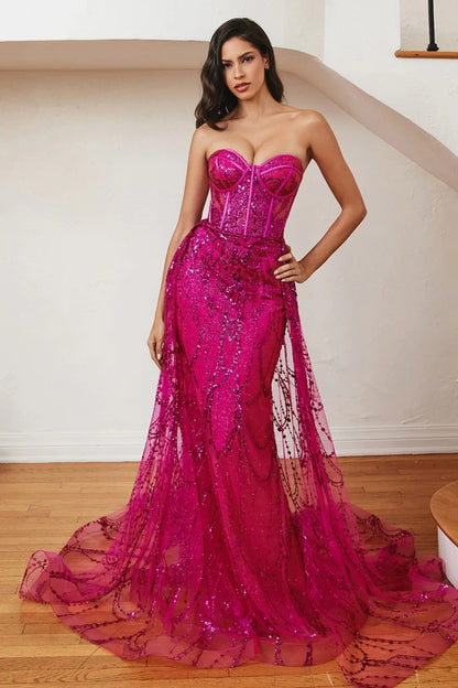 The Jaylani Glitter Fitted Strapless Overskirt Gown
