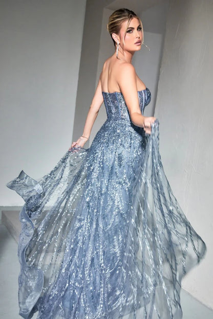 The Jaylani Glitter Fitted Strapless Overskirt Gown