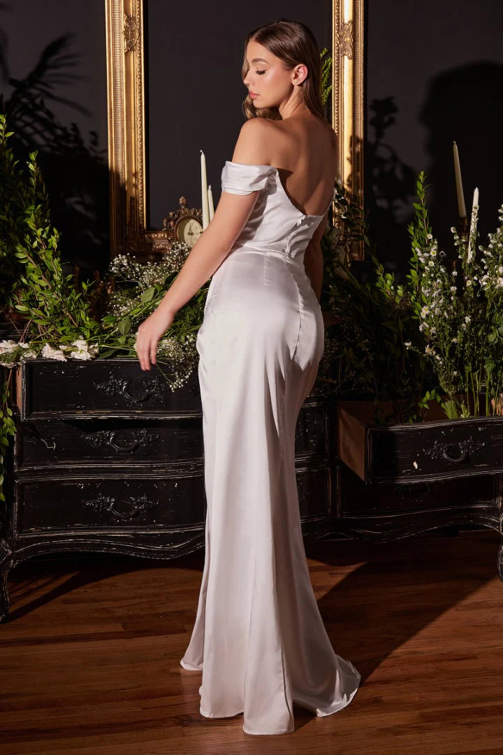 The Camila White Off Shoulder Satin Corset Slit Gown