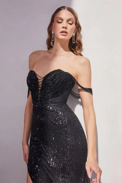 The Sadie Sequin Off Shoulder Slit Gown