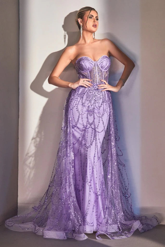 The Jaylani Glitter Fitted Strapless Overskirt Gown