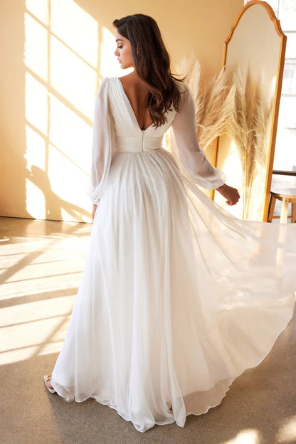 The Layla White Long Sleeve Chiffon Gown