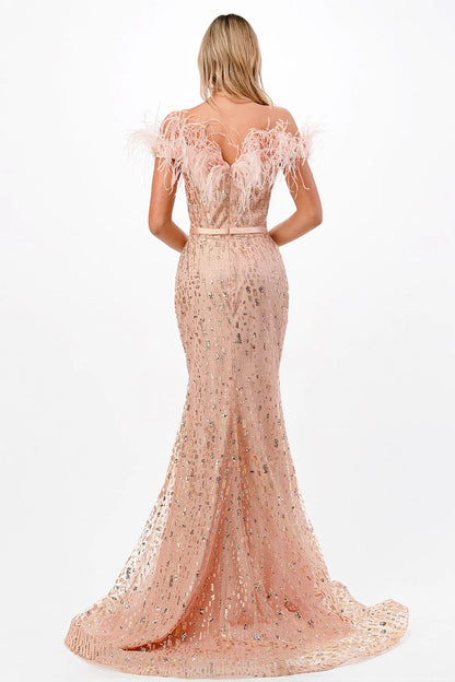 The Jenien Feather Off Shoulder Gown