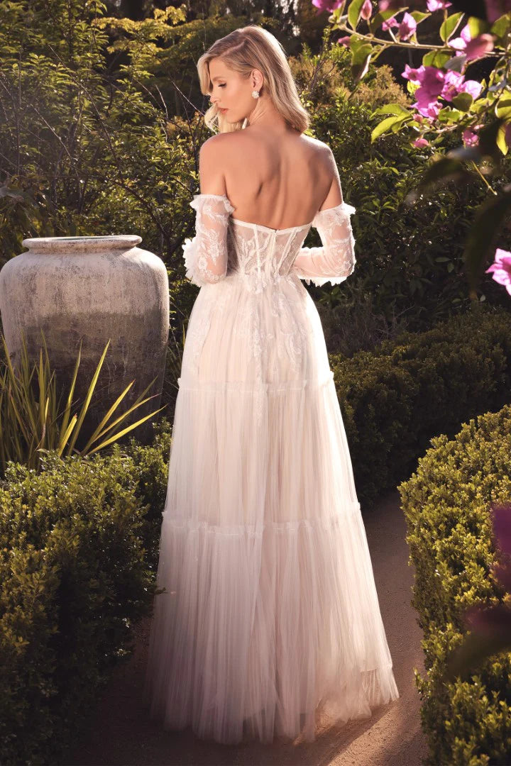 The Ellie Embroidered long white strapless Gown