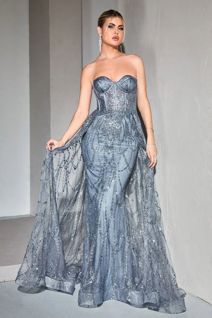 The Jaylani Glitter Fitted Strapless Overskirt Gown