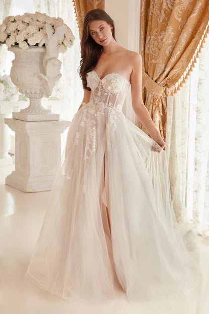 The Elena 3D Floral appliqué long strapless off white gown with A-line slit skirt