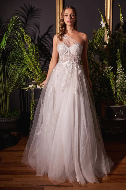 The Leah Floral Embroidered Long Off-White One Shoulder Gown with A-line slit skirt
