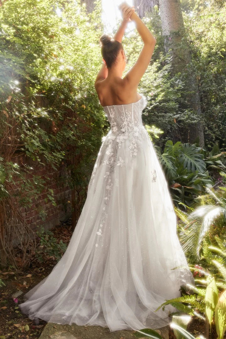 The Elena 3D Floral appliqué long strapless off white gown with A-line slit skirt