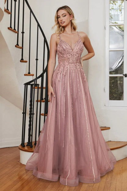 The Jade Beaded Applique V-Neck Tulle Gown