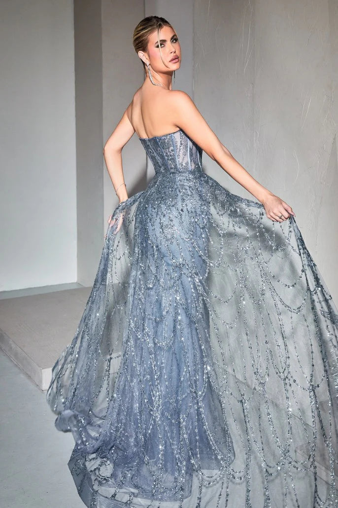 The Jaylani Glitter Fitted Strapless Overskirt Gown