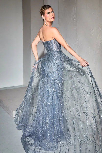 The Jaylani Glitter Fitted Strapless Overskirt Gown