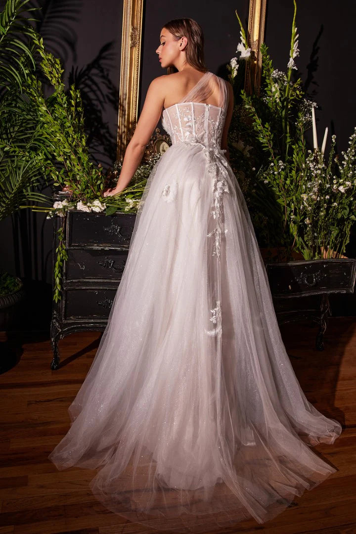 The Leah Floral Embroidered Long Off-White One Shoulder Gown with A-line slit skirt
