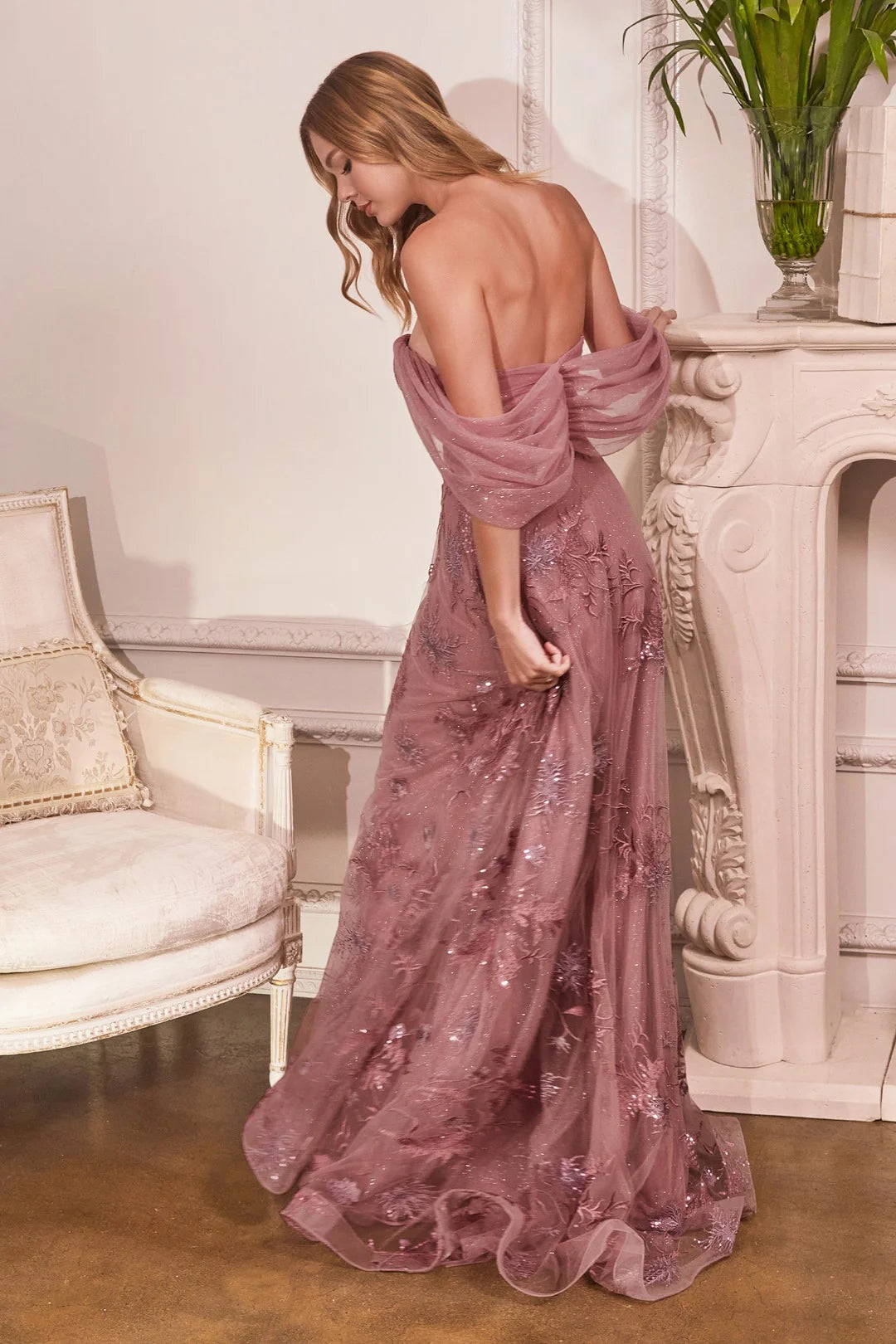 The Polly Floral Applique Off Shoulder Gown