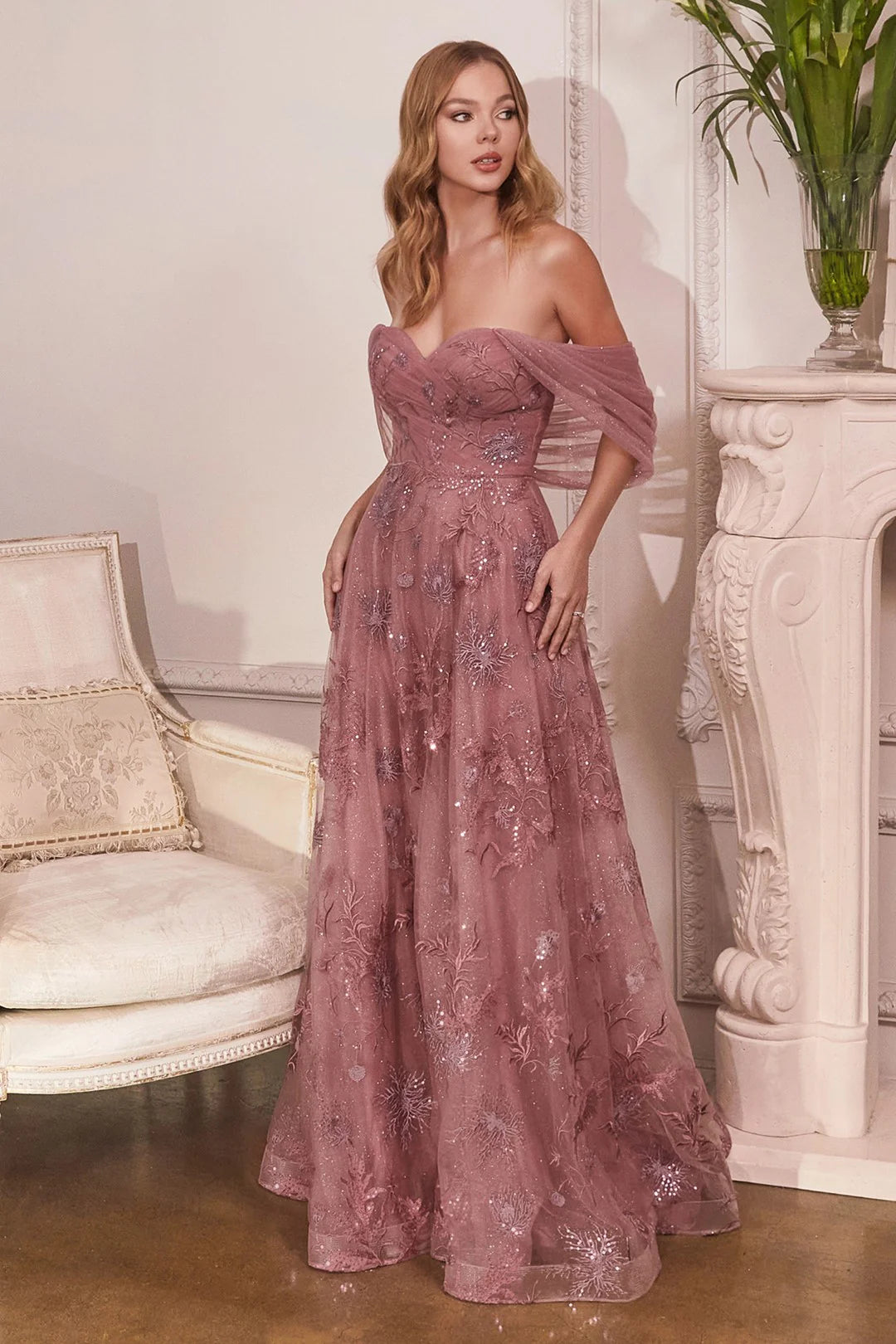 The Polly Floral Applique Off Shoulder Gown
