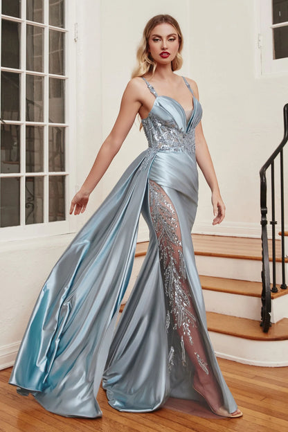 The Ximena Fitted Satin Sleeveless Sheer Slit