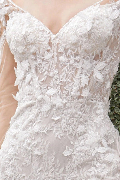 The Delilah floral embroidered white long sleeve lace gown with fitted skirt