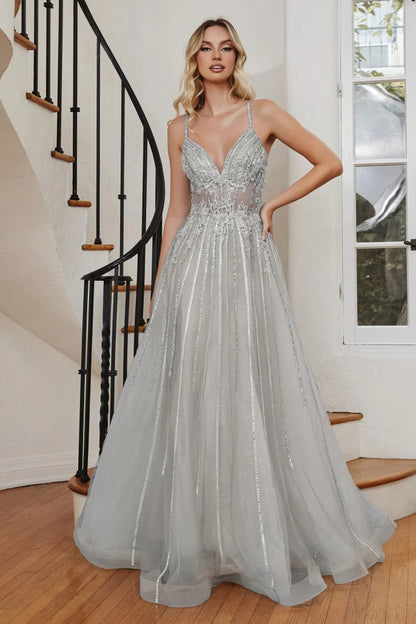 The Jade Beaded Applique V-Neck Tulle Gown